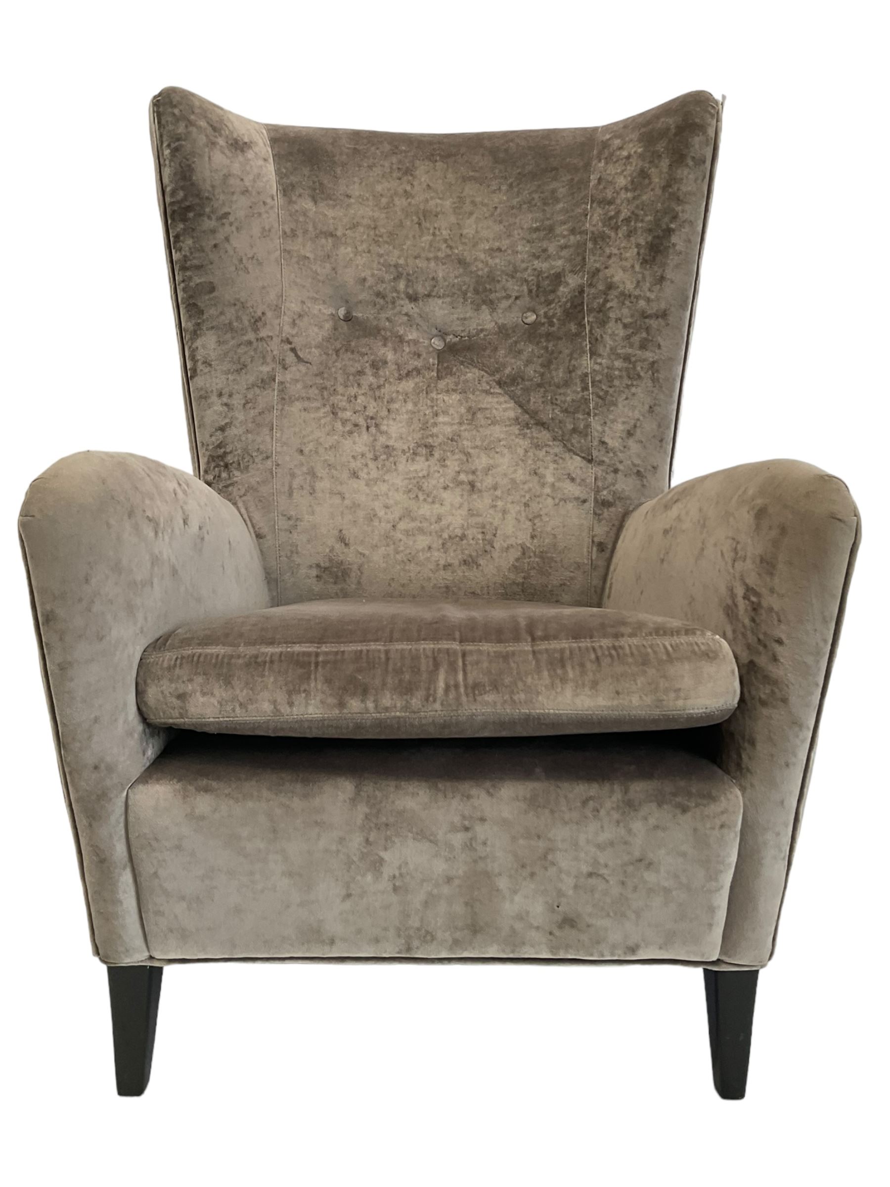 2 x Wing back armchair upholstered in silver crushed velvet fabric