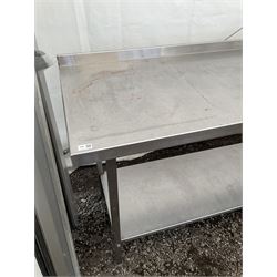 Large stainless steel two tier preparation table, raised back - THIS LOT IS TO BE COLLECTED BY APPOINTMENT FROM DUGGLEBY STORAGE, GREAT HILL, EASTFIELD, SCARBOROUGH, YO11 3TX