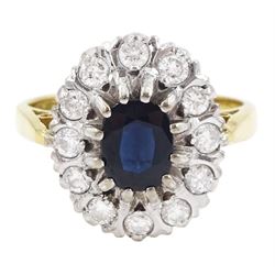 18ct gold oval cut sapphire and round brilliant cut diamond cluster ring, London 1976, sap...