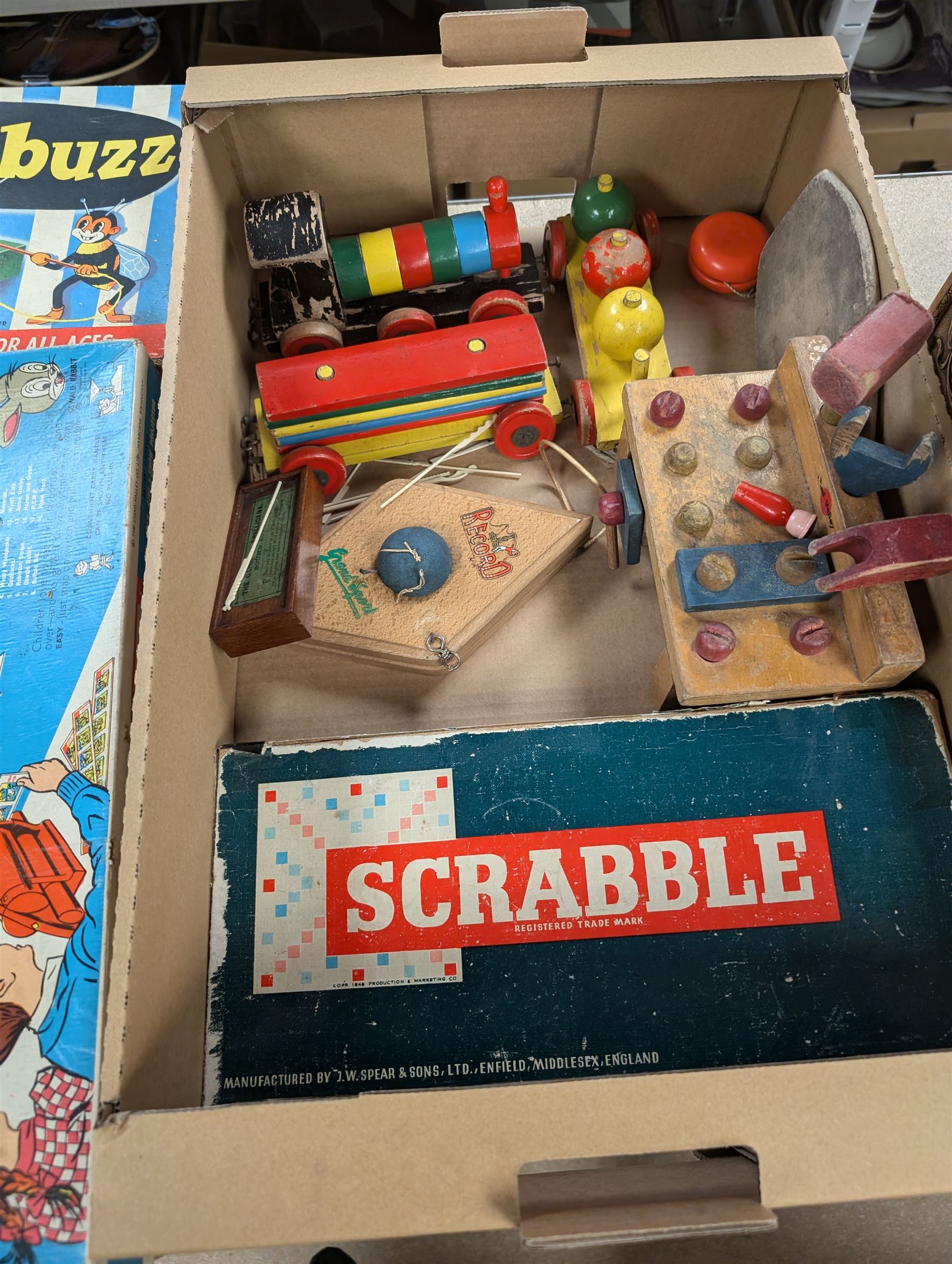 Chad Valley toys and games, including Give A Show projector and a wooden tool bench, together with other wooden toys, Lone Star Trail Boss cap gun and board games