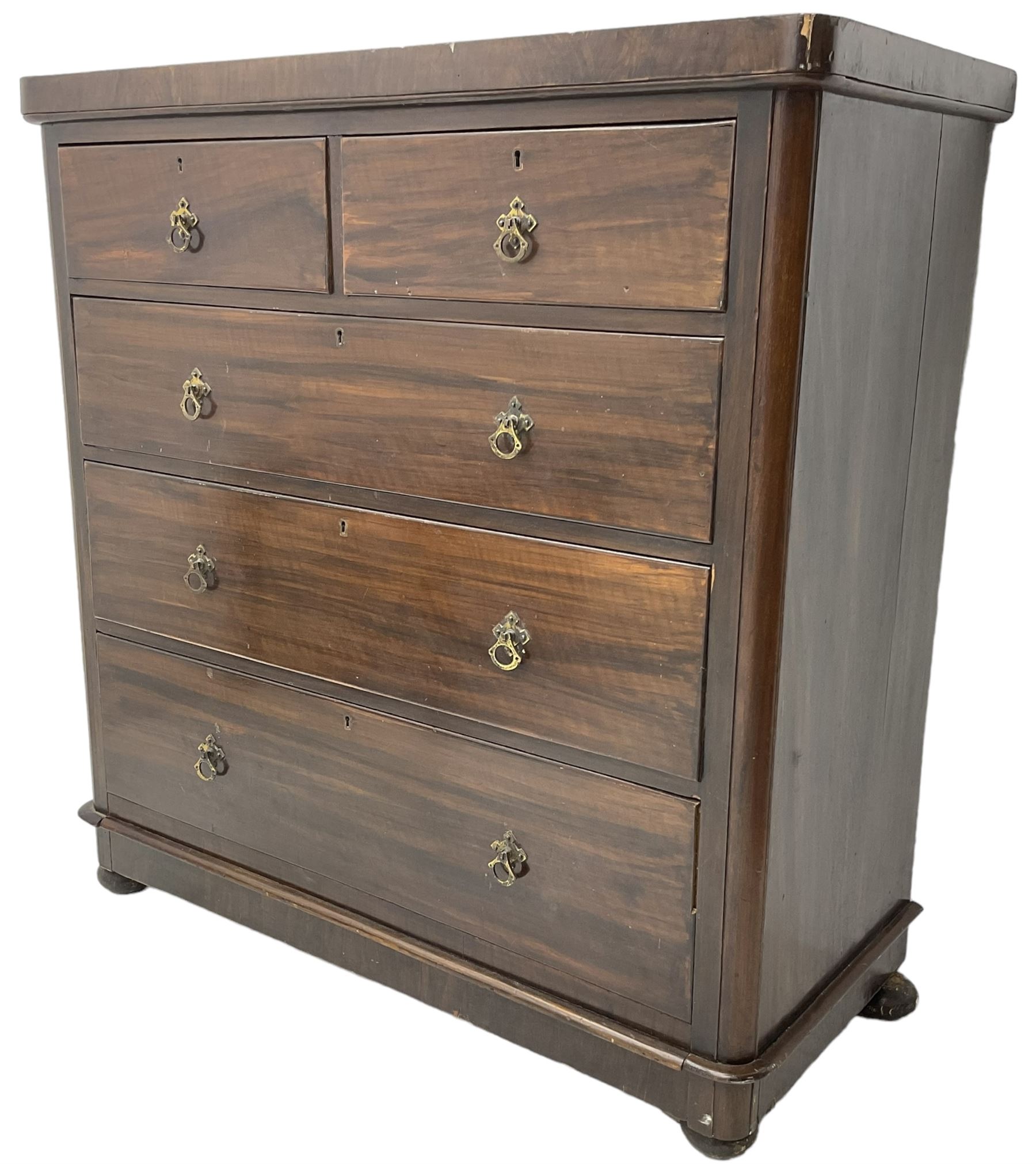 Late Victorian scumbled walnut chest, rectangular top with rounded front corners, fitted with two short and three long drawers