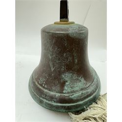 Early 20th century bronze ship's bell, inscribed 'Rosa 1921', with plaited rope pull, H19cm