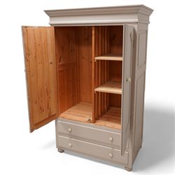 Georgian design painted pine combination wardrobe, two panelled doors enclosing shelves and hanging rail, two drawers fitted to base, on compressed bun feet