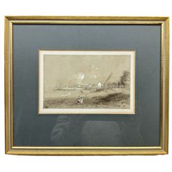 John Wilson Carmichael (British 1800-1868): North Sunderland Harbour, watercolour en grisailles heightened in white signed 12.5cm x 20cm