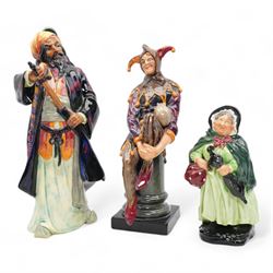 Three Royal Doulton figures comprising 'Sairey Gamp' HN1896, 'The Jester' HN2016 and  'Blu...