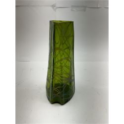 Three Austrian Art Nouveau green iridescent glass vases, to include two Pallme-Konig examples and a Kralik example, each with threaded vein decoration, tallest H25cm (3)