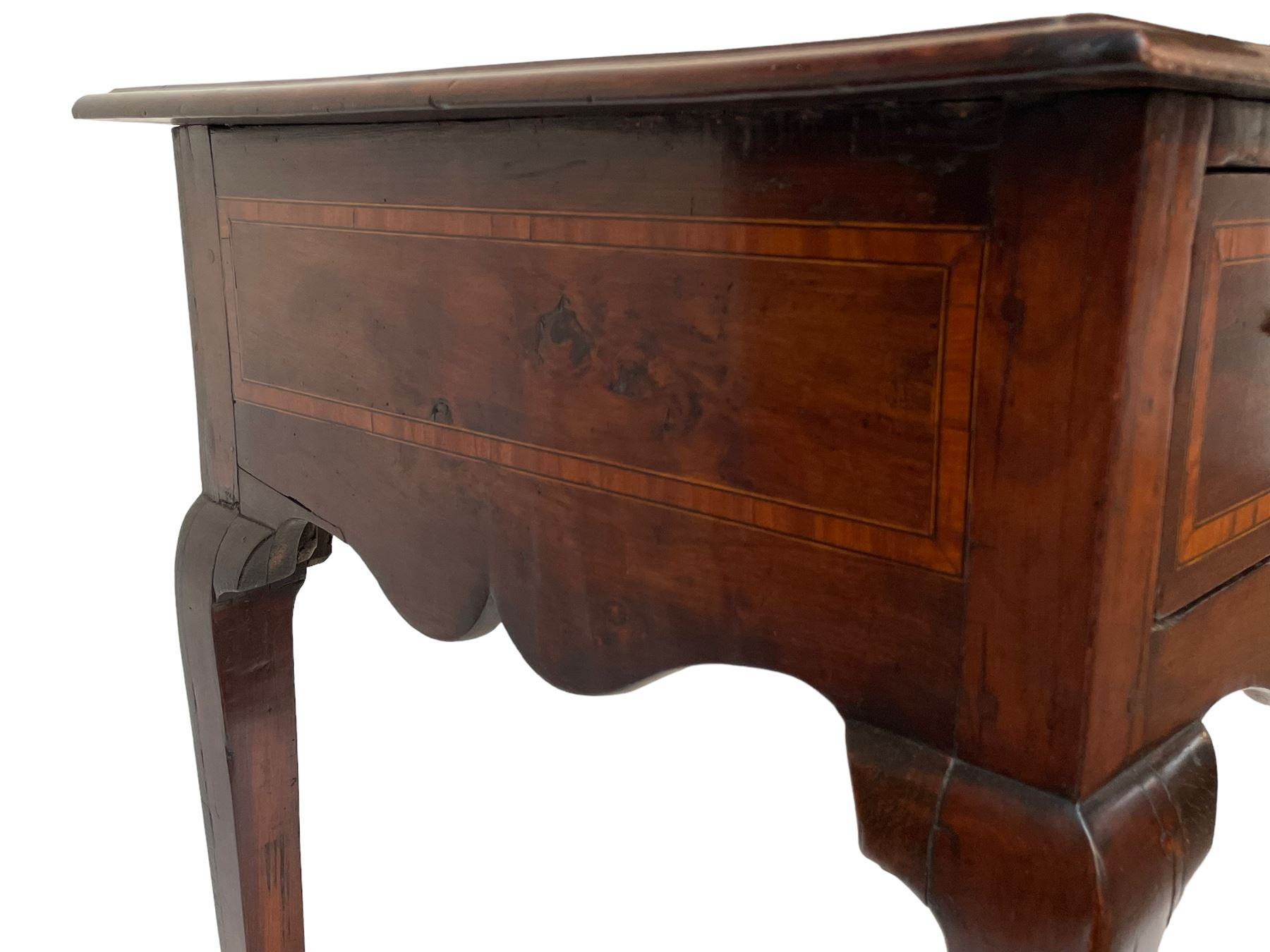 18th century and later inlaid mahogany and fruitwood low-boy, the moulded rectangular top with satinwood band, shaped frieze fitted with single drawer, on cabriole supports with angular feet