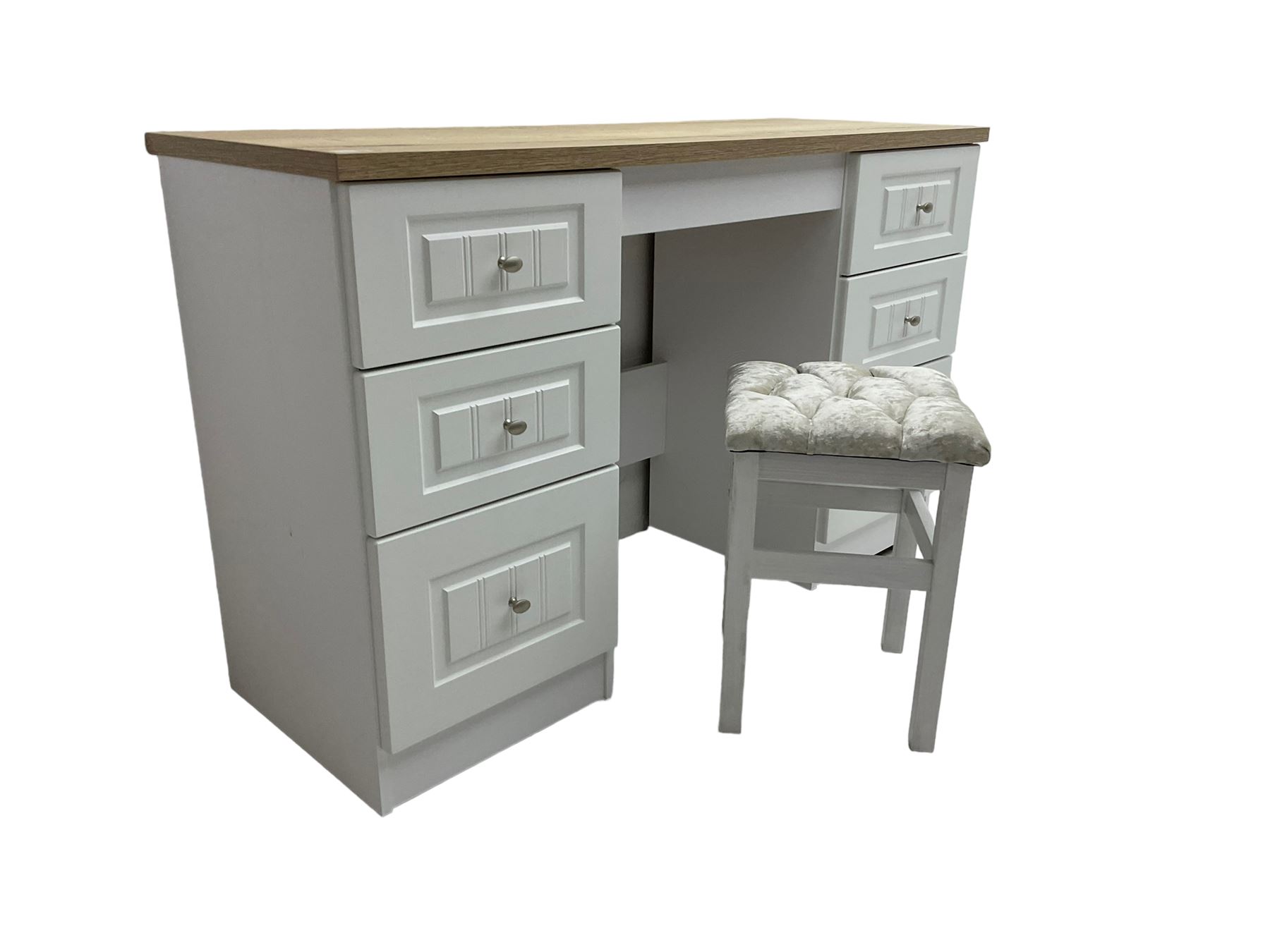 Oak and white finish twin pedestal dressing table or desk, fitted with six drawers and with stool