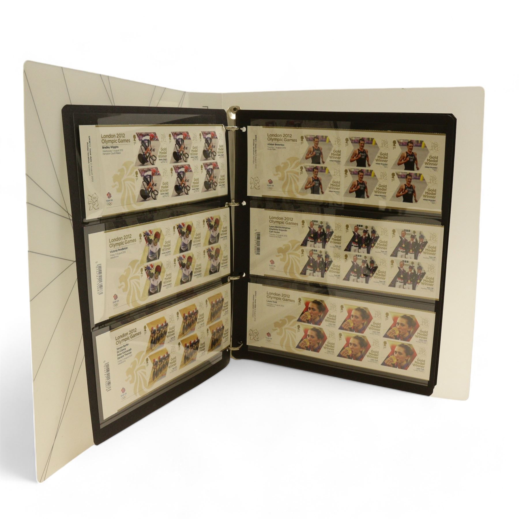 Queen Elizabeth II mint decimal stamps, in London 2012 Gold Medal Winner presentation packs, face value of usable postage approximately 250 GBP