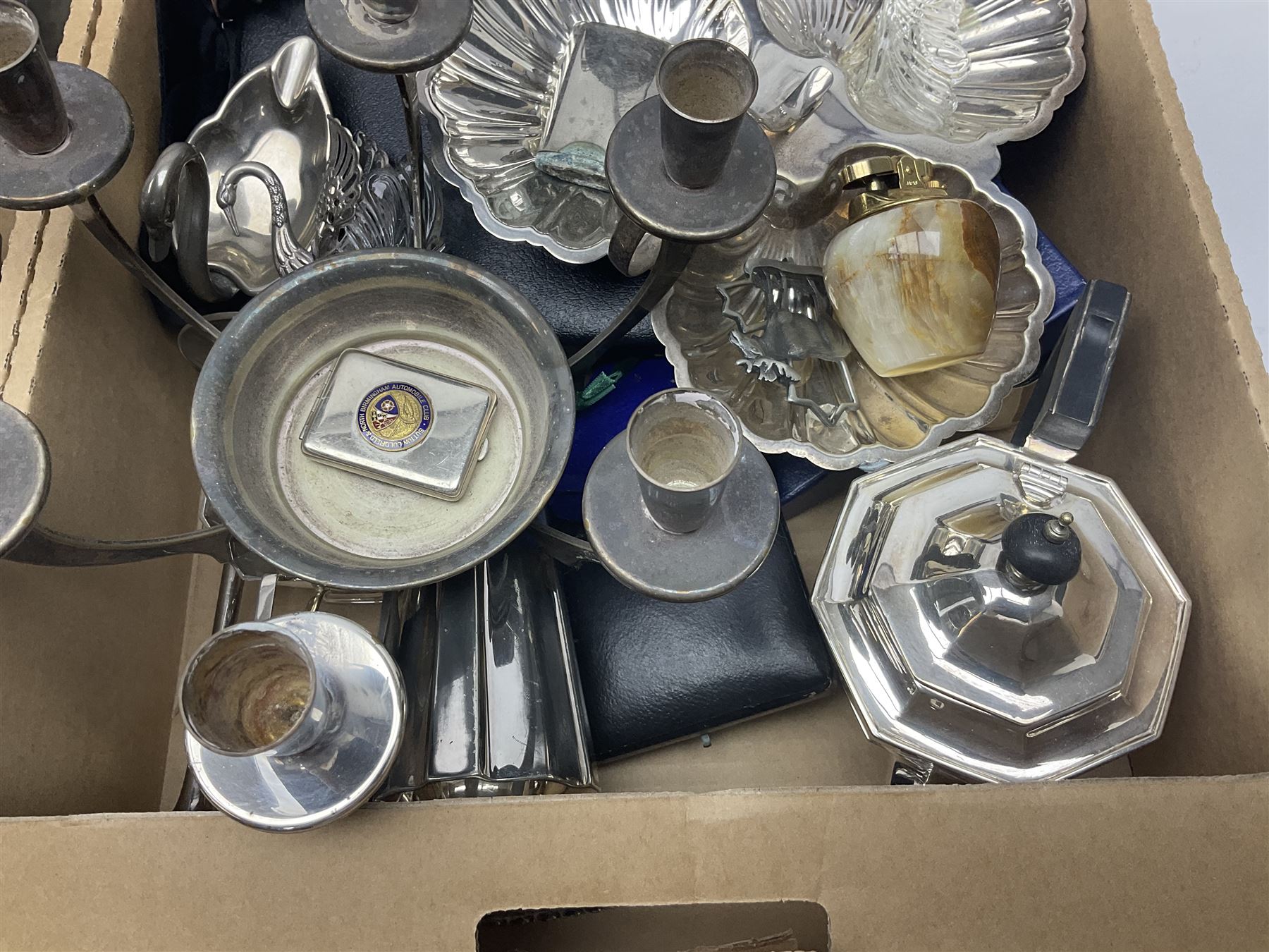 Large collection of silver plate, including automobilia club items, three piece tea service, centrepiece, trophy etc