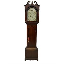 An early 19th century longcase clock, retailed by  “Thomas Mills, Berkley”, the oak case with mahogany banding, swan’s neck pediment, brass paterae and central brass finial, with shaped backsplats and a stepped break arch hood door flanked by two pillars with brass capitals, trunk with a long break arch topped door on a rectangular plinth with a raised panel and shaped skirting, a twelve-inch wide painted dial with a depiction of flowers to the arch and corresponding floral images to the spandrels, with Roman numerals and quarter hour Arabic’s, minute track and matching steel hands, with winding collets, subsidiary seconds dial and semi-circular date aperture with calendar disc behind, dial pinned via a Walker and Finmore cast iron false plate to a four pillar, eight-day rack striking weight driven movement with a recoil anchor escapement, striking the hours on a cast bell, with key, weights and pendulum.
                
