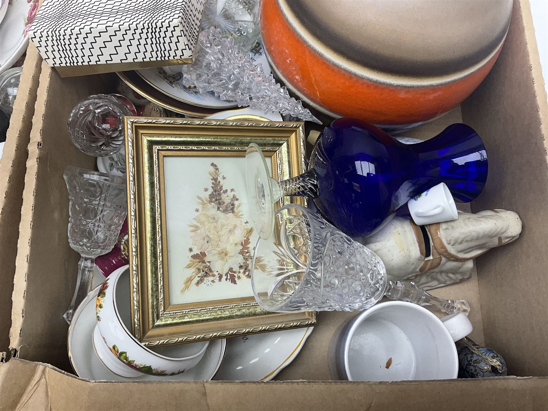 Two hen on nests, one modelled as a hen, one modelled as a duck, Wedgwood Jasperware lidded box, motto ware bottle and a collection of other ceramics, glassware etc, in four boxes 