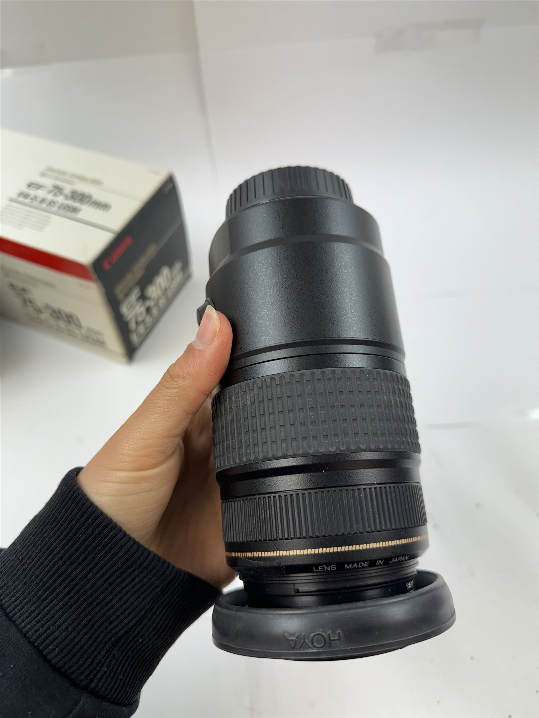 Two Canon Ultrasonic EF camera lenses, comprising 20-35mm 1:3.5-4.5 zoom lens serial no. 7800971F and 75-300mm 1:4-5.6 Image Stabiliser lens serial no. 6200116H, both boxed 