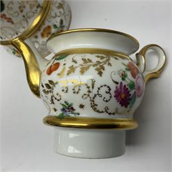 Two 19th century continental teapots and warmers, each teapot upon a cylindrical warming base, hand printed with floral sprigs, birds and insects, largest H22cm 