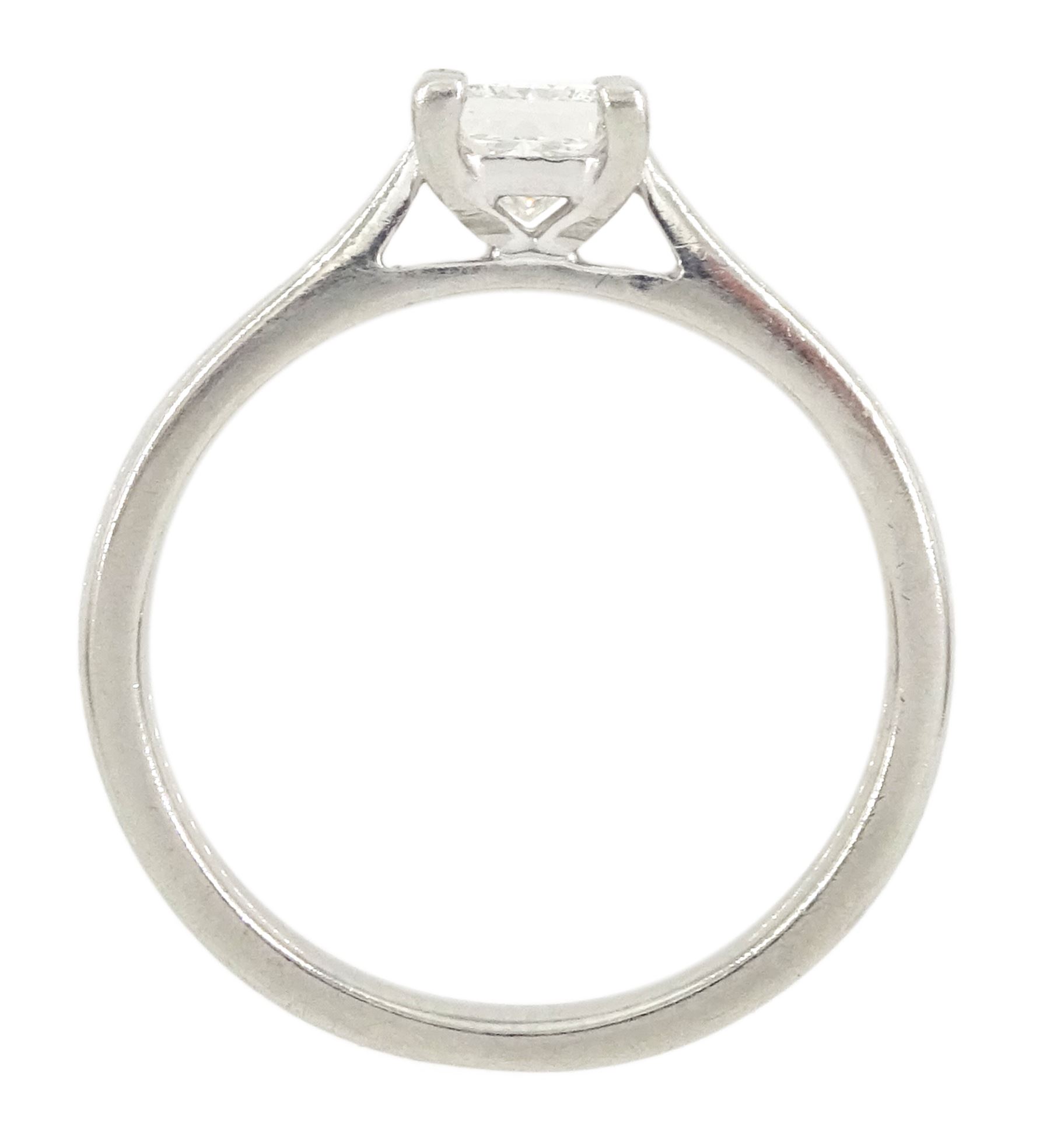 Platinum single stone square modified brilliant cut diamond ring by Hugh Rice, Sheffield 2014, diamond 0.50 carat, GIA report check: colour G, clarity VS1