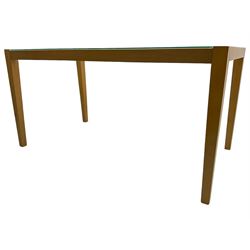 Contemporary beech framed dining table, rectangular frosted glass top on beech frame, square tapering supports