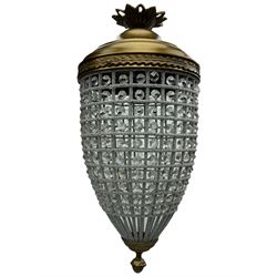 India Jane Interiors - pair of gilt metal and glass pineapple ceiling light pendants, tapered form and decorated with glass beads and pendants, foliage cast metal upper band, mounted by lower finial - ex-display/bankruptcy stock