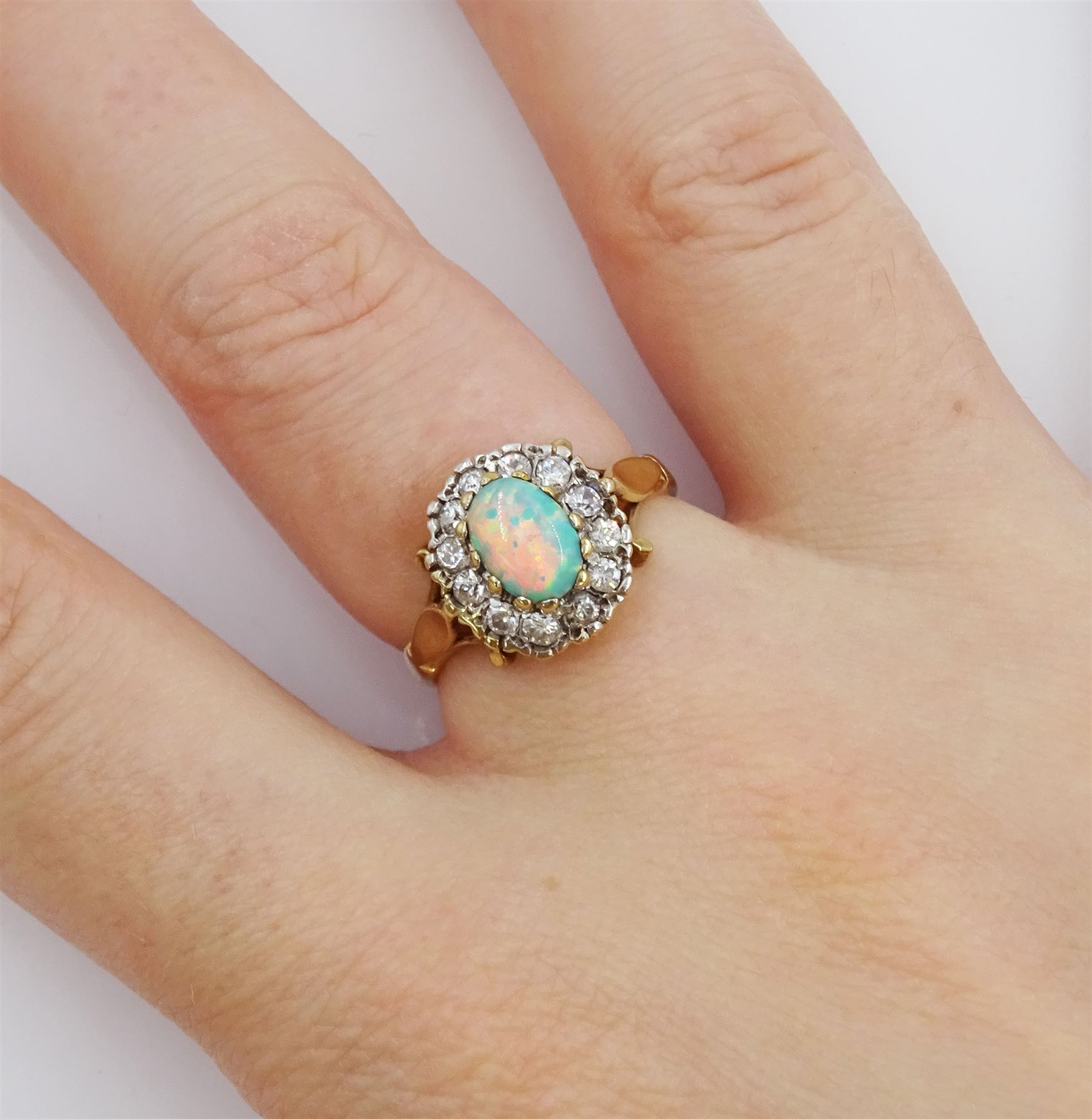 9ct gold opal and cubic zirconia cluster ring, hallmarked