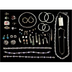 Silver and stone set silver jewellery including bracelets, necklaces, earrings and rings and pairs of 9ct stone set earrings