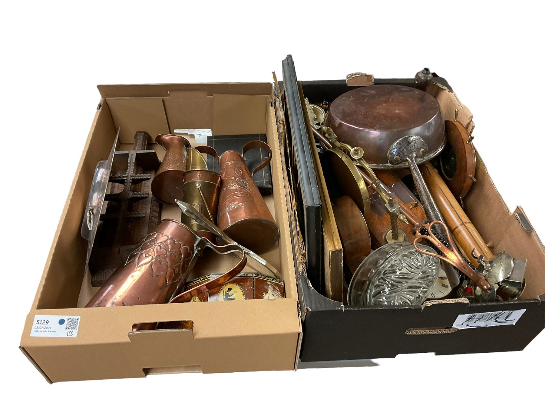 Large collection of metalware, including copper jugs, copper pan etc, in two boxes  