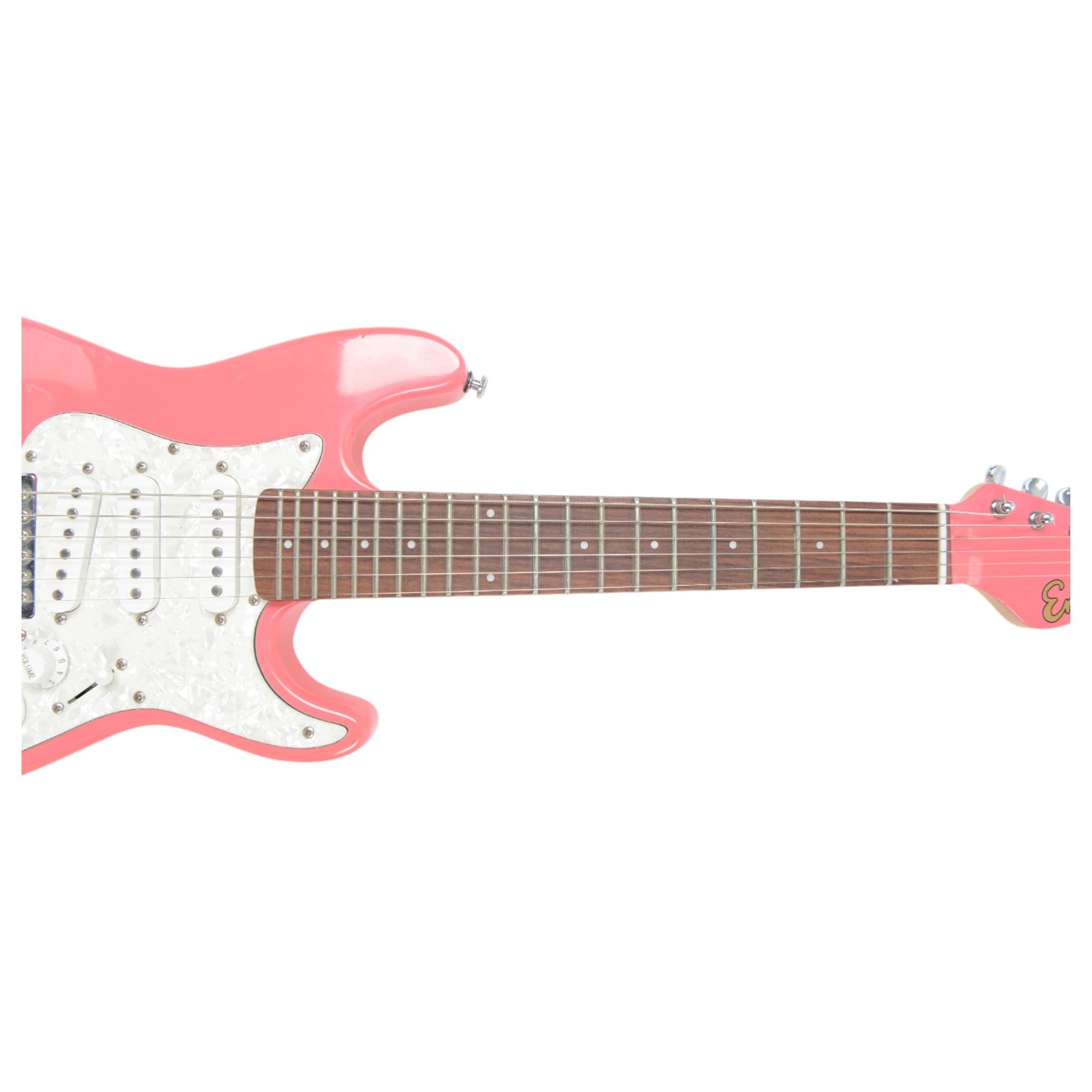 Dean Playmate 3/4 size left-handed electric guitar, in black finish, together with an Encore child's electric guitar, in pink finish, black H97cm, pink H81cm