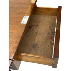 Early 19th century mahogany supper table, rectangular reed moulded drop-leaf top with rounded corners, fitted with single end drawer, on turned pedestal with four out-splayed supports with brass paw castors 