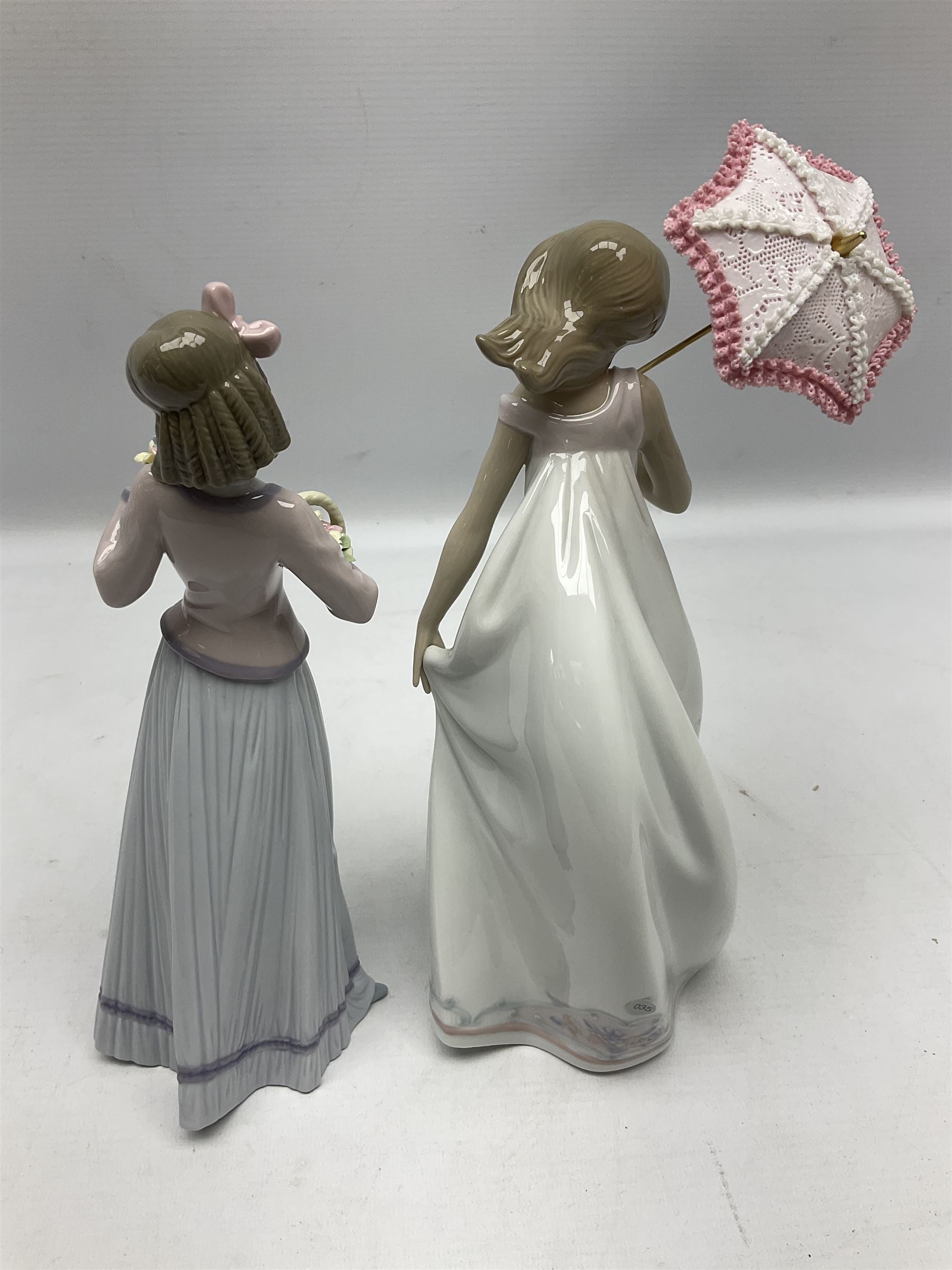 Five Lladro figures, comprising Cookies for Sale no 5191, Christening no 5618, Best Friend no 7620,  Afternoon Promenade no 7636 and Innocence in Bloom no 7644 three with original boxes, largest example H29cm  