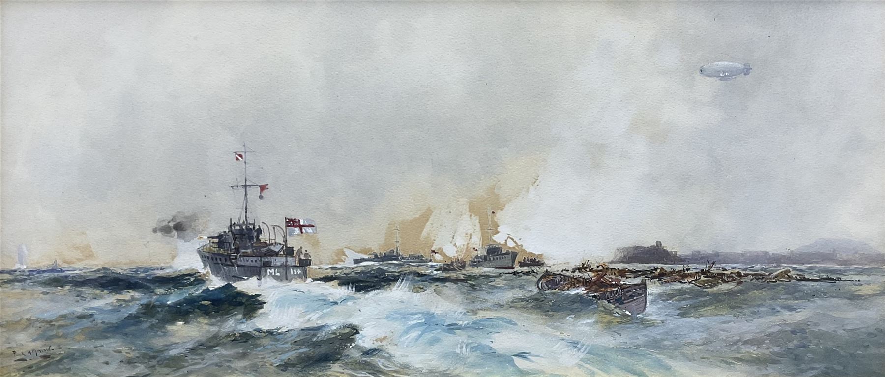 Frank Henry Mason (Staithes Group 1875-1965): 'Picking up Survivors - North Bay Scarborough - Submarine in Sight', watercolour signed, titled on original Henry Whitley & Son label verso 20cm x 45cm