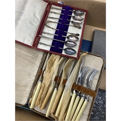 Carnival glass, cased silver-plated coffee spoons, apostle spoons and sugar tongs, glass animals, coins, trade cards, pin badges etc, in one box