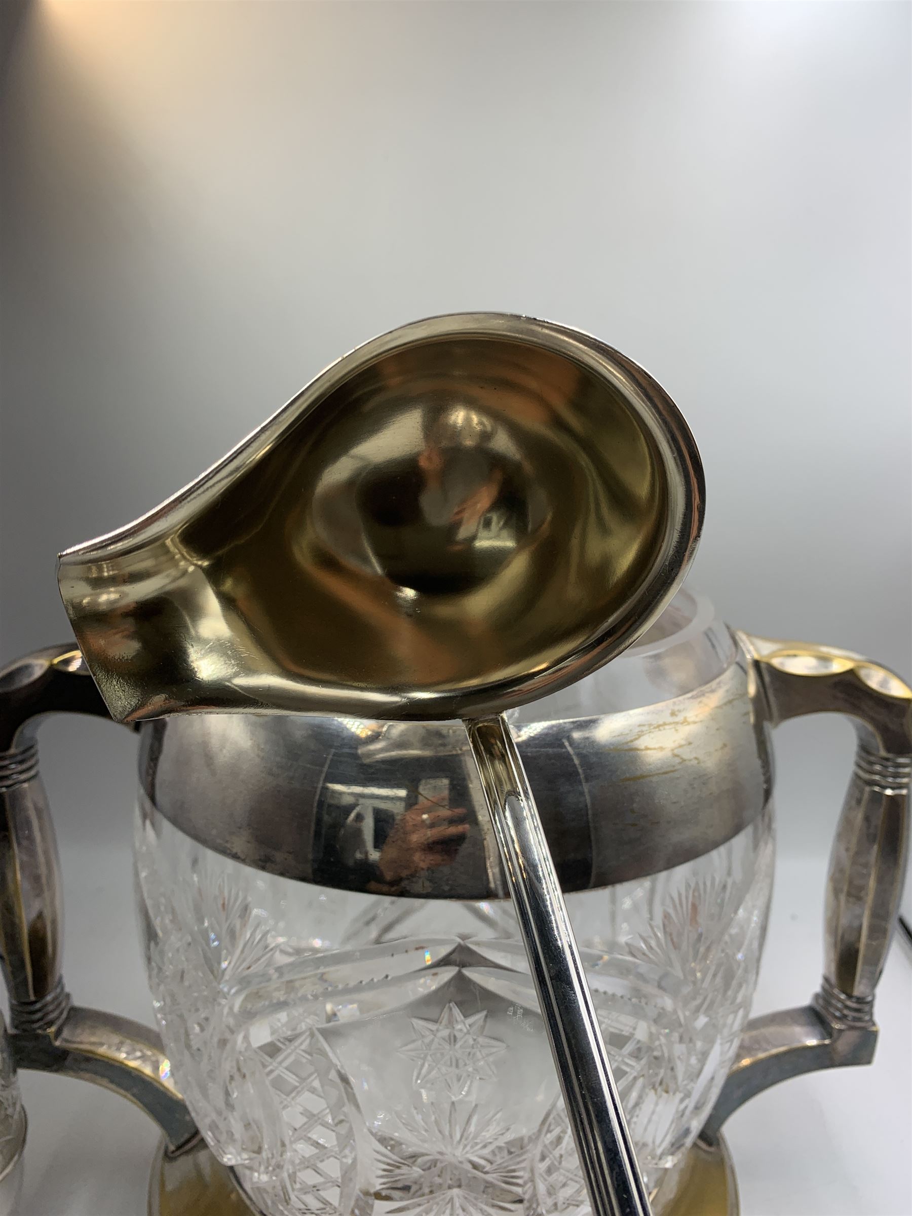 Art Deco German silver plate and cut glass punch bowl & cover, with ladle and twelve cut glass and silver plate cups, makers marks for Badische Metallwarenfabrik