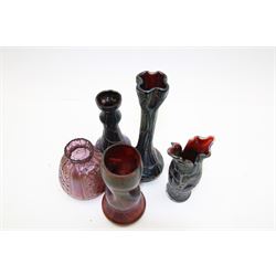 Five Austrian Art Nouveau glass vases, to include Pallme-Konig example with split fluted rim, two similar Kralik examples with threaded vein decoration and two others, tallest H21.5cm