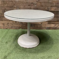 Circular white painted pedestal table with glass top - THIS LOT IS TO BE COLLECTED BY APPOINTMENT FROM DUGGLEBY STORAGE, GREAT HILL, EASTFIELD, SCARBOROUGH, YO11 3TX