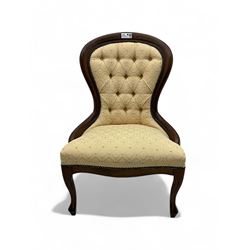 Victorian design stained beech framed nursing chair, upholstered in cream fabric with repe...