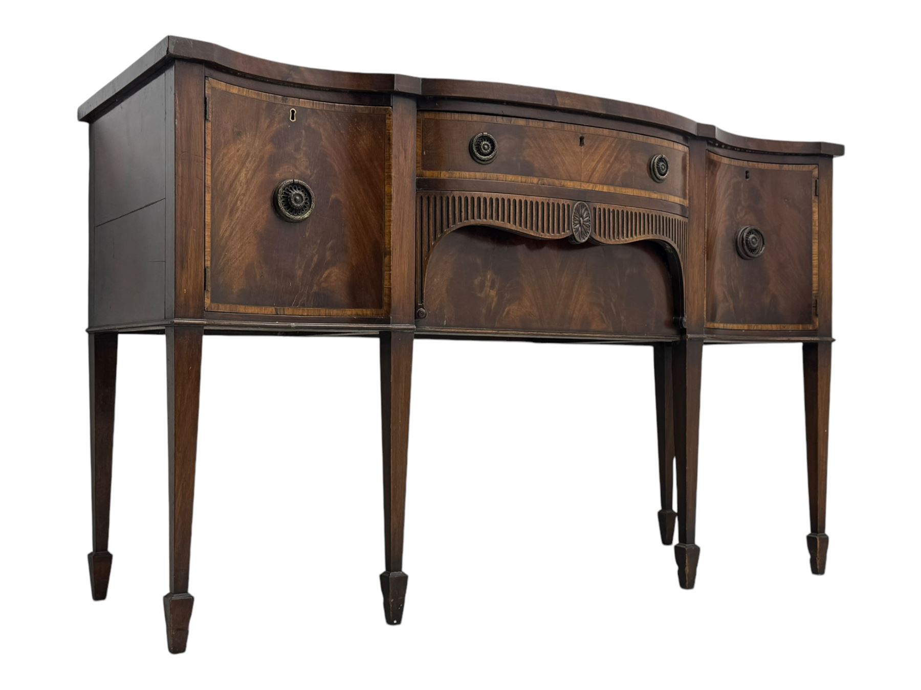 Early 19th century serpentine sideboard, fitted with two cupboards and two drawers, on square tapering supports with spade feet