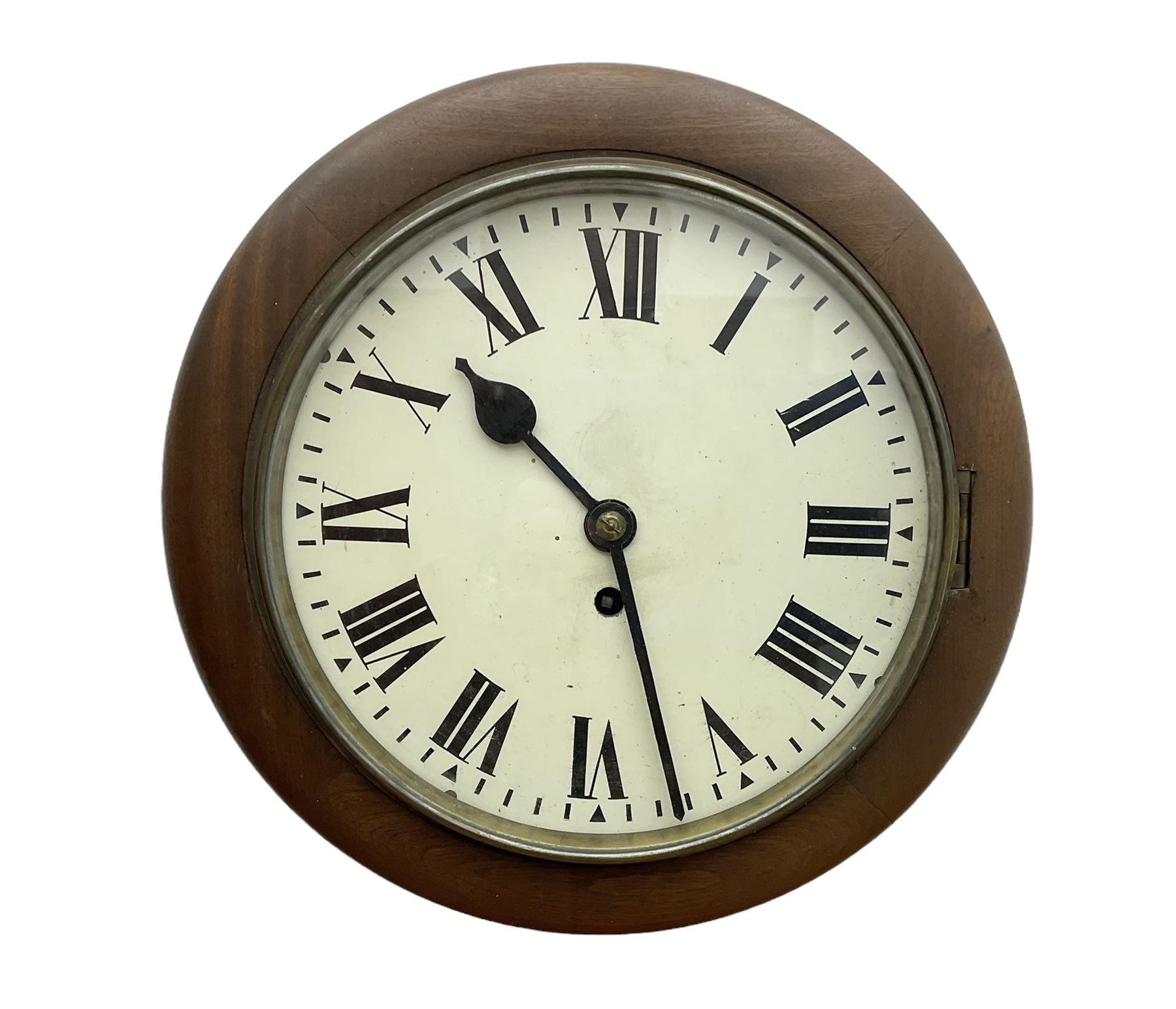 English - early 20th century mahogany cased 8-day fusee wall clock, with a  9”  painted dial ,spun bezel and flat glass,  Roman numerals, minute markers and steel spade hands, wire driven fusee, with pendulum.