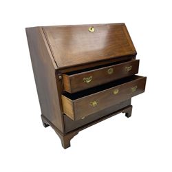 George III mahogany bureau, the fall front enclosing fitted interior, three graduating long drawers, on bracket feet