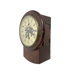 LNER - late 19th century single train 8-day fusee drop dial wall clock in a mahogany case with a side and pendulum adjustment door,  8