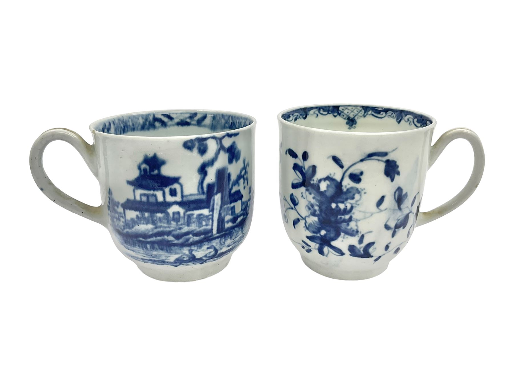 Two 18th century Worcester porcelain coffee cups, the first example decorated in the Plantation pattern, circa 1754, the second decorated in the Mansfield pattern, circa 1760, with workman's mark beneath, each approximately H5.5cm