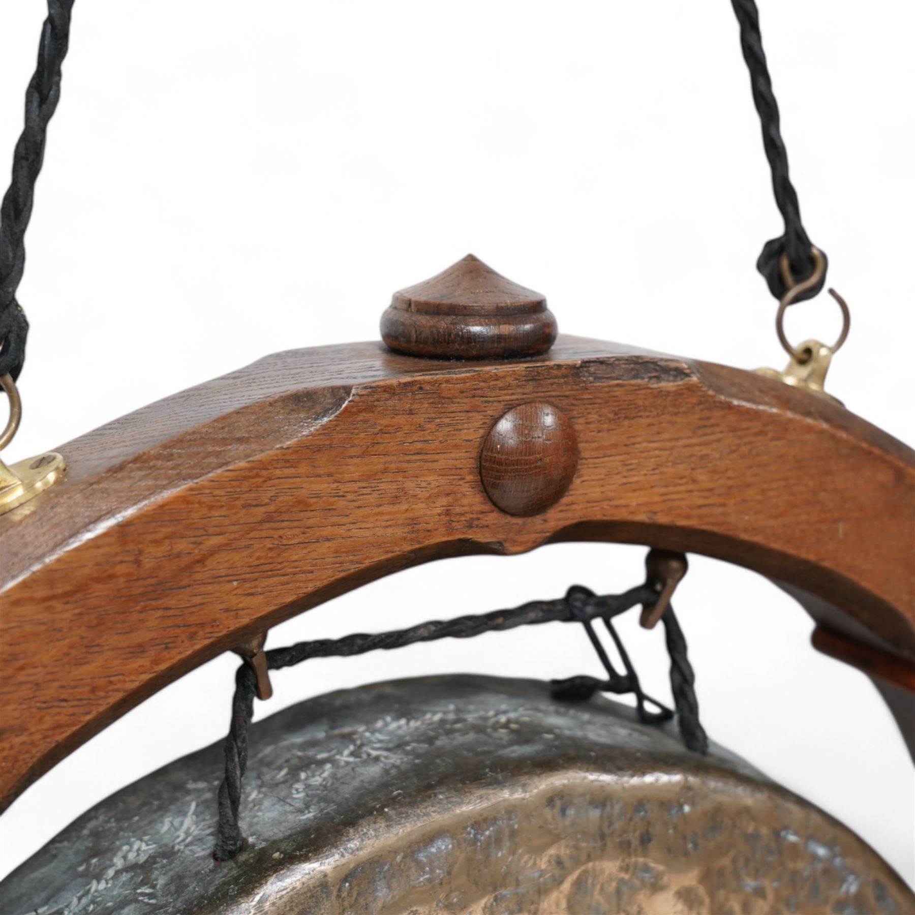 Late 19th to early 20th century oak framed hanging gong, the metal gong in circular oak frame with stop chamfered edges 