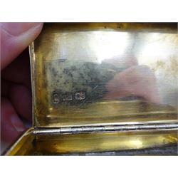 George IV silver snuff box, of rectangular form, with engine turned decoration, chased foliate borders and blank cartouche to centre of hinged cover, opening to reveal a gilt interior, hallmarked John Bettridge, Birmingham 1825, W7.6cm