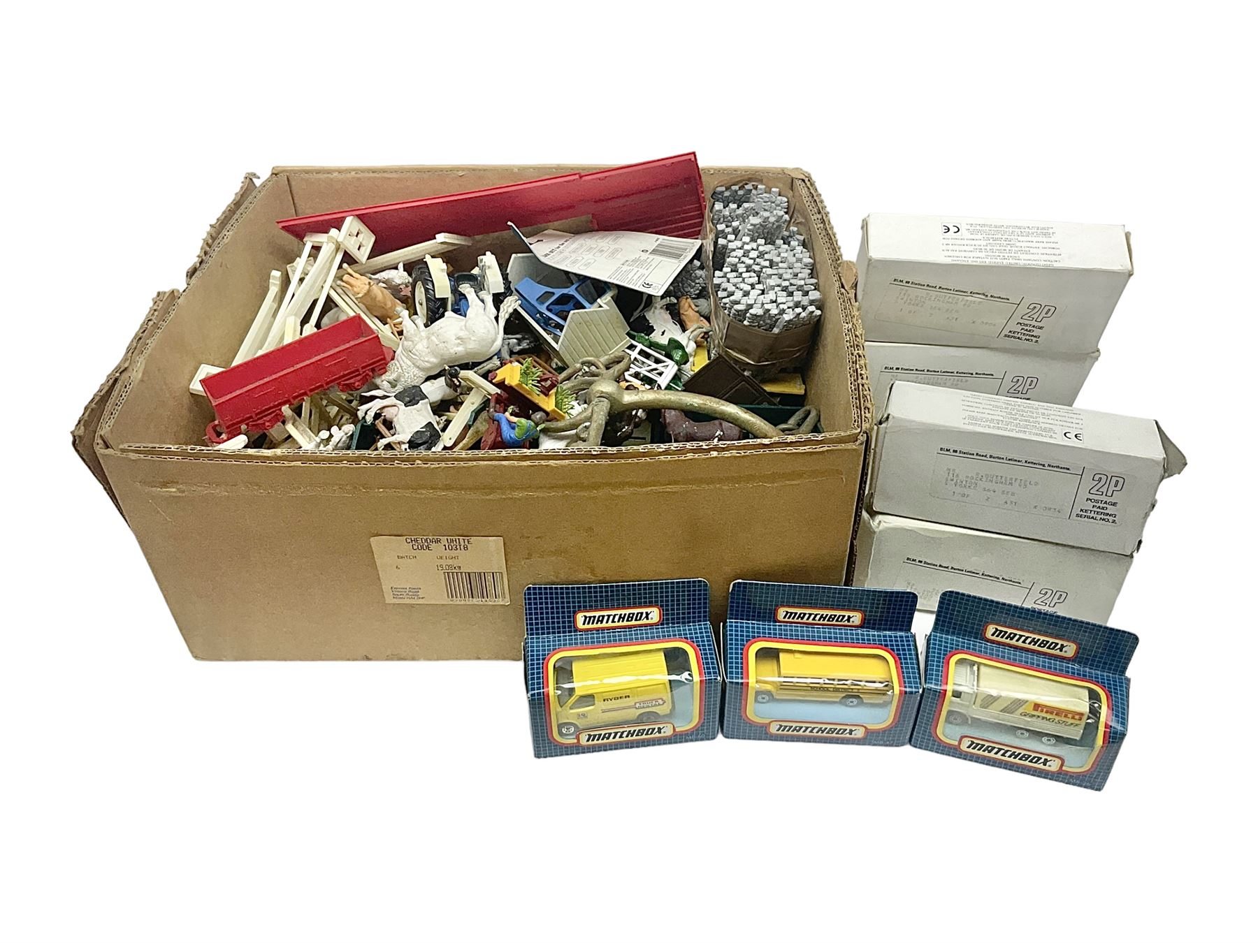 Quantity of Britains Ltd farm animals, figures and related accessories with eight die-cast model cars comprising Matchbox and Lledo 