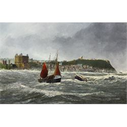 Robert Sheader (British 20th Century): Lifeboat off Scarborough, oil on board signed 50cm x 75cm 