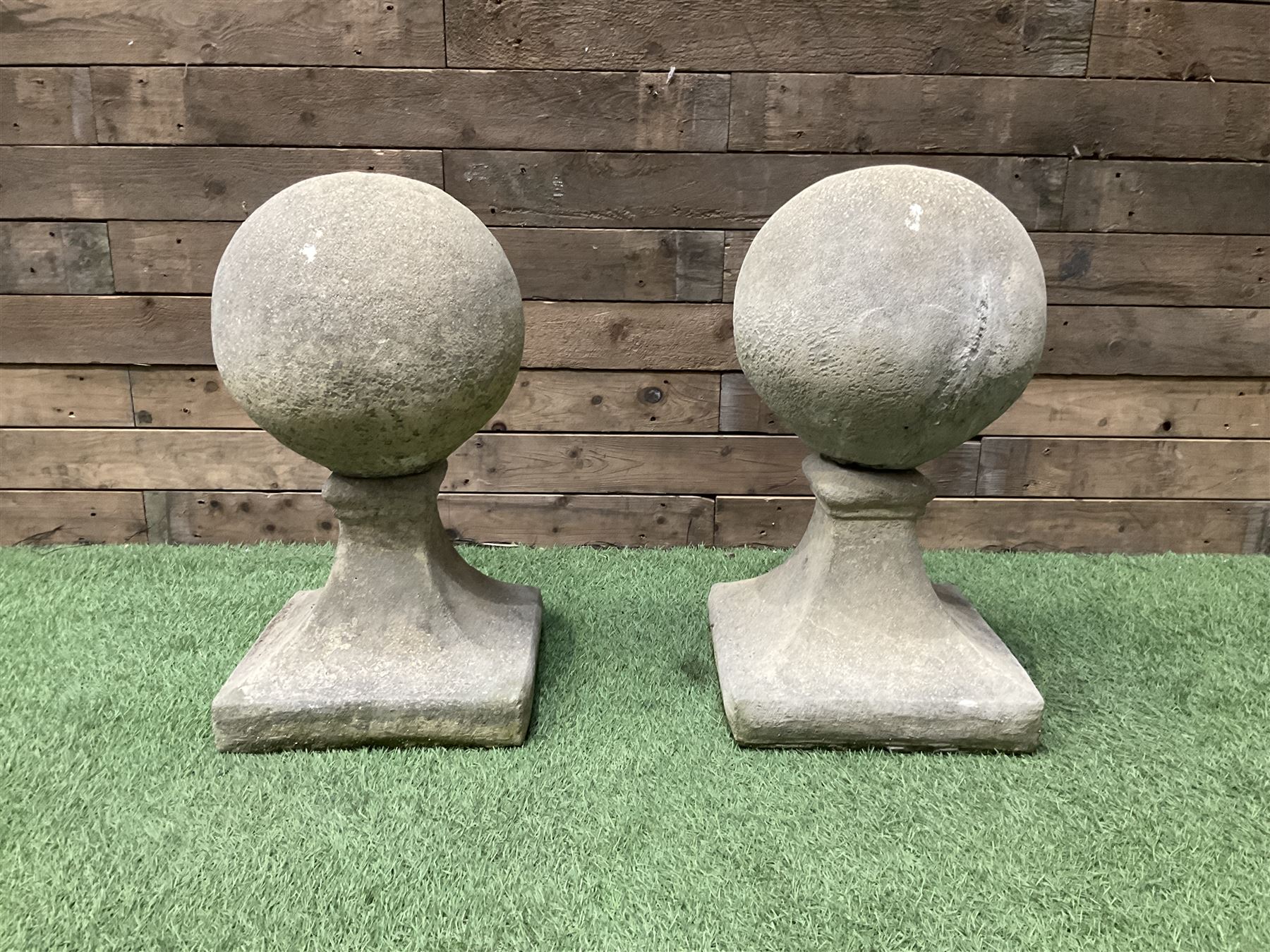 Pair of cast stone garden spherical ball finials or gatepost tops, D35, H60 - THIS LOT IS TO BE COLLECTED BY APPOINTMENT FROM DUGGLEBY STORAGE, GREAT HILL, EASTFIELD, SCARBOROUGH, YO11 3TX