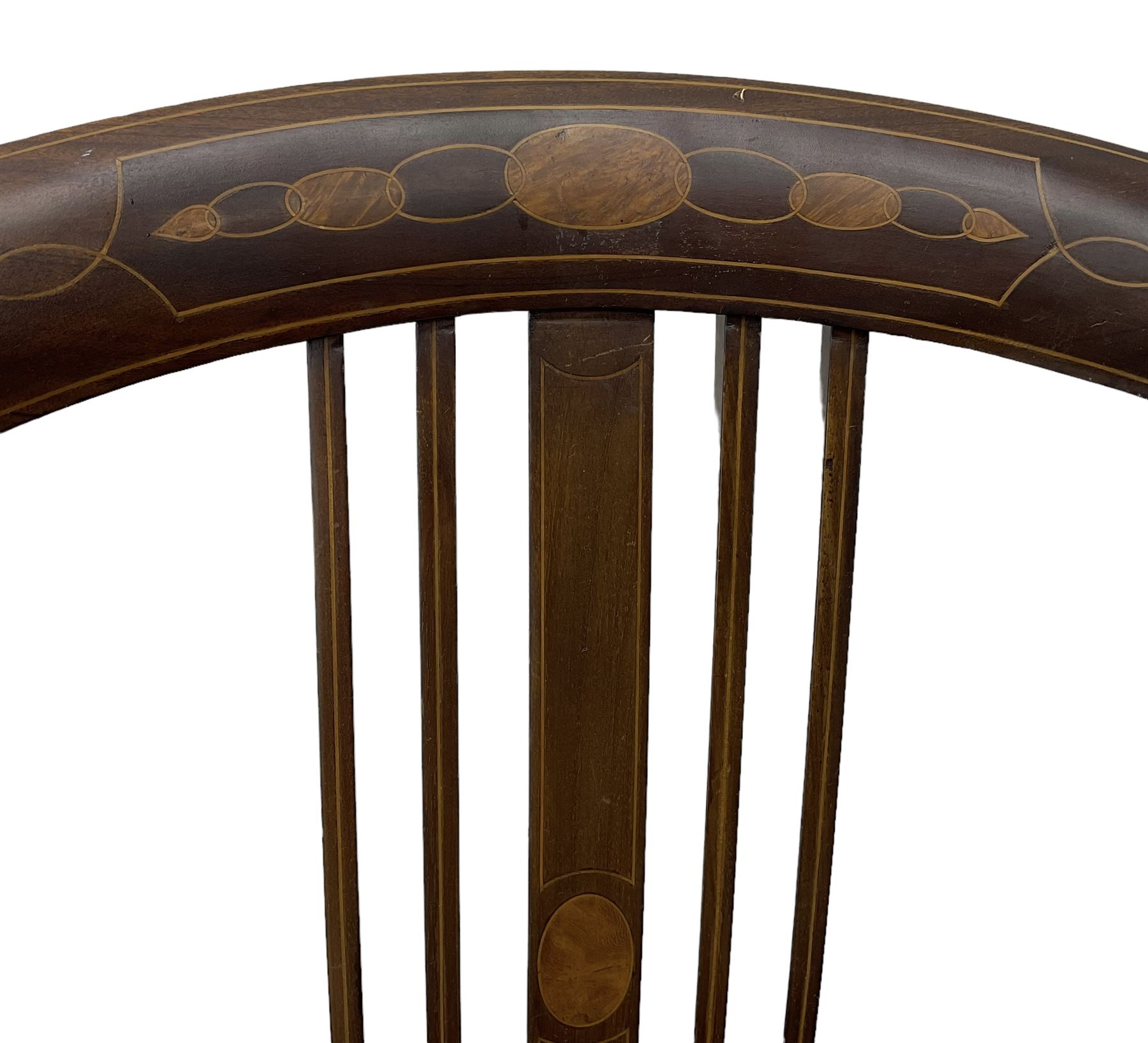 Edwardian inlaid mahogany desk chair, curved back inlaid with panel decorated with overlapping oval motifs, upholstered seat, on square tapering supports with spade feet