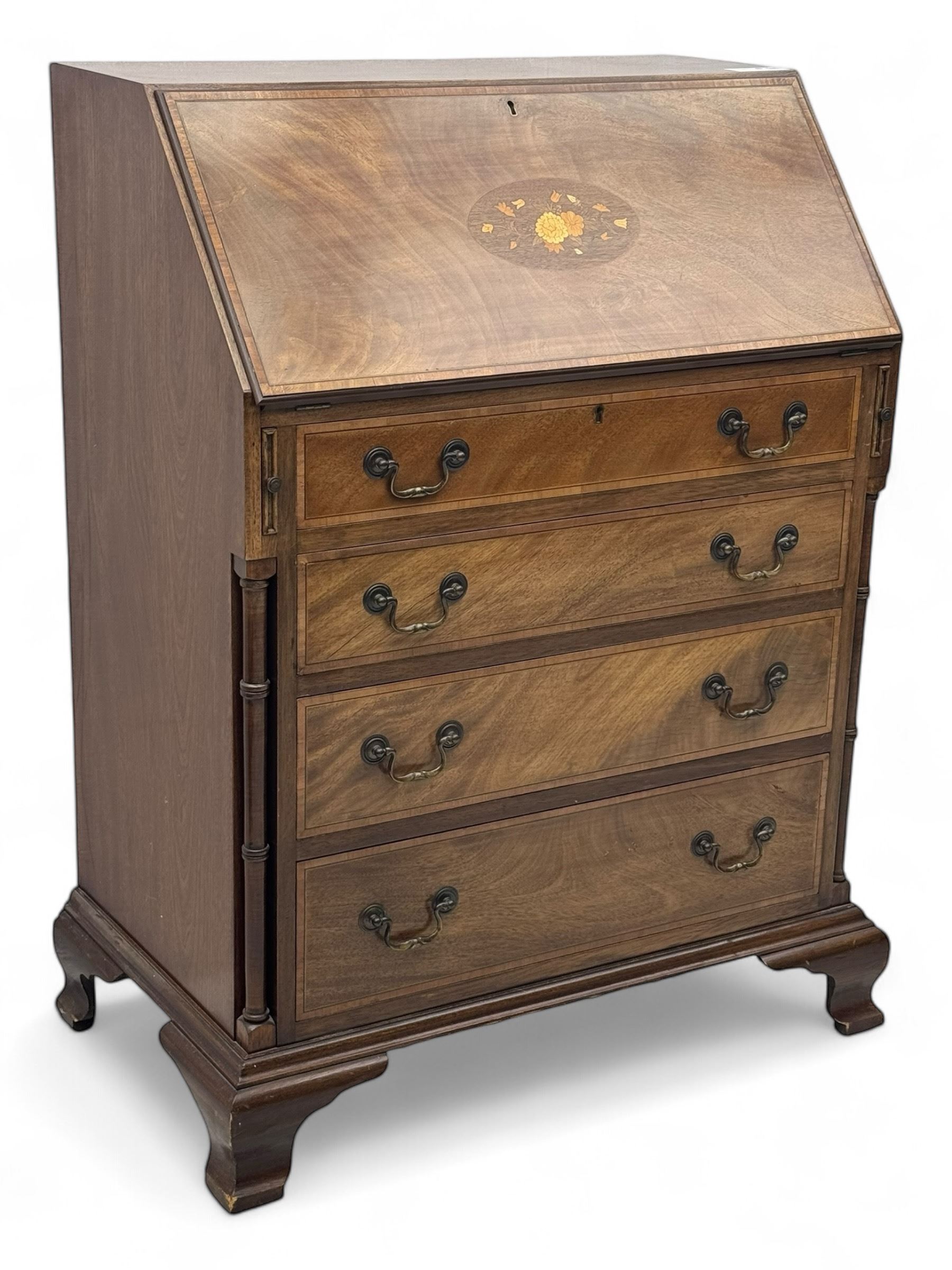 Georgian design mahogany bureau, moulded fall front with central floral inlays and satinwood band, fitted with four graduating drawers enclosed by ring turned pillars, on ogee bracket feet 