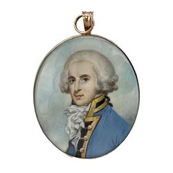 English School (18th/ early 19th century): Miniature portrait of a Gentleman, head & shoulder length, watercolour on ivory, unsigned, in oval copper frame, 6cm x 5.4cm. This item has been registered for sale under Section 10 of the APHA Ivory Act