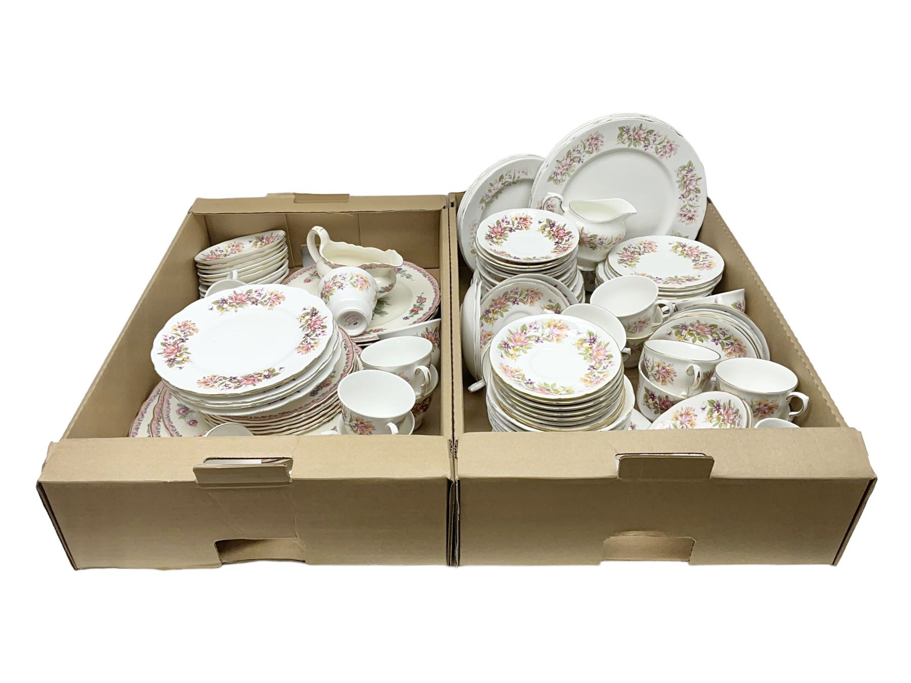 Royal Staffordshire Dinnerware by Clarice Cliff Nancy pattern dinner wares, including sauce boat, dinner plates, side plate and serving platter, together with a collection of Colclough Wayside Honeysuckle pattern tea wares