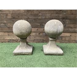 Pair of cast stone garden spherical ball finials or gatepost tops, D35, H60 - THIS LOT IS TO BE COLLECTED BY APPOINTMENT FROM DUGGLEBY STORAGE, GREAT HILL, EASTFIELD, SCARBOROUGH, YO11 3TX