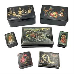 20th century Russian black lacquered papier Mache boxes, decorated with flowers, birds and other designs 