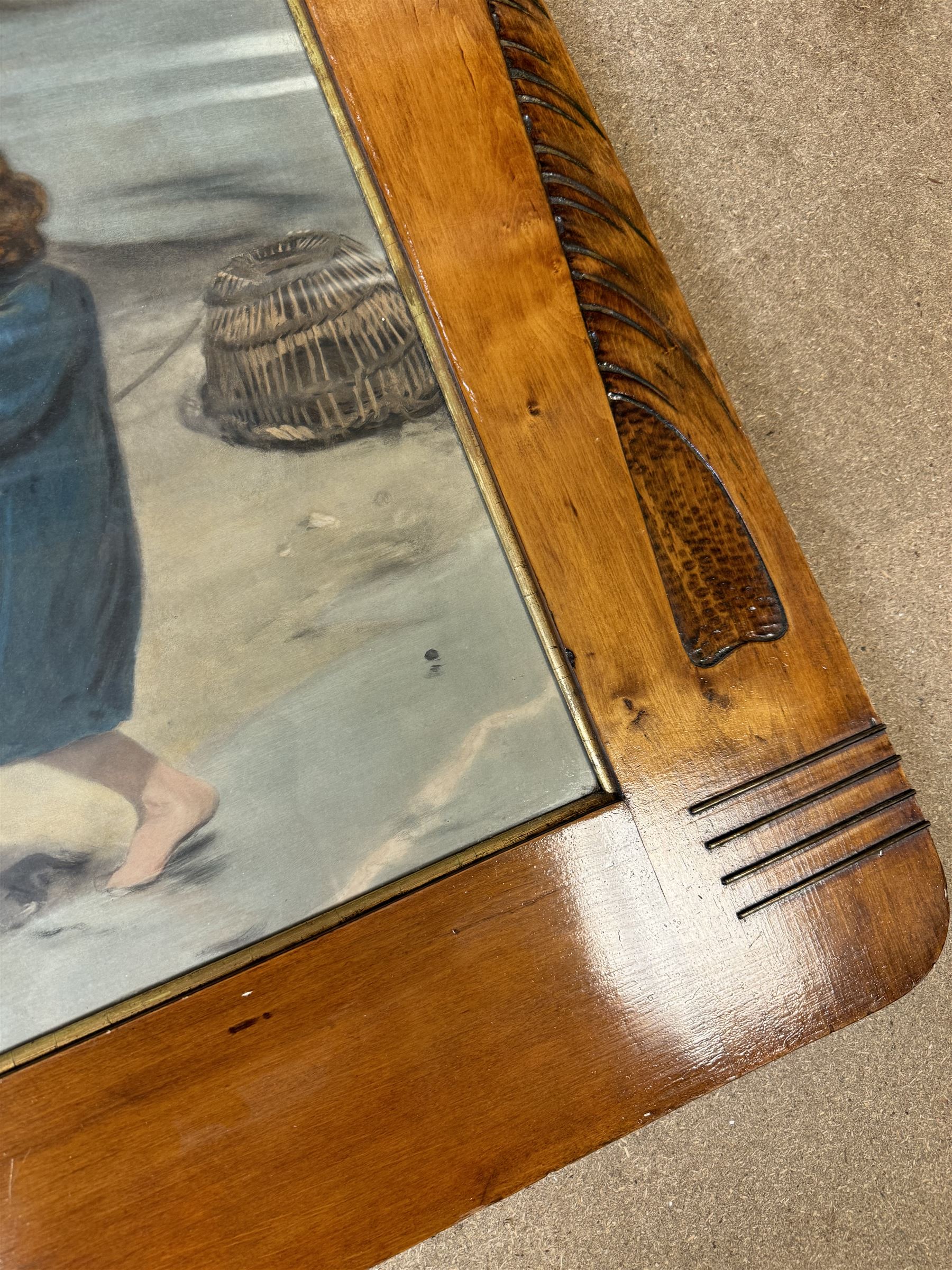 Arts and Crafts Motto frame, circa 1900, inlaid with an oval plaque depicting a cottage, two inlaid motto panels with title inlaid below 